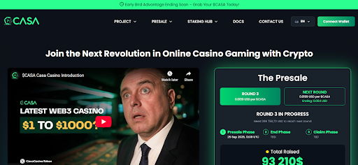 $CASA token presale page showing Round 3 pricing at $0.0189, staking hub access, and Web3 casino introduction video.