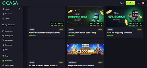 Casa Casino promotions page featuring 100% welcome bonus up to $3000, 2nd deposit bonus, and 15% no-wagering crypto rewards
