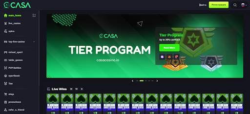 Casa Casino homepage shows Tier Program, 20% cashback, and crypto casino games for 2026